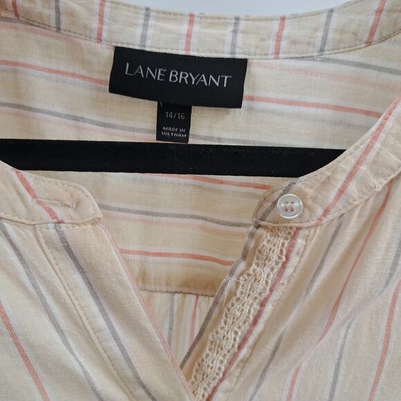 Lane Bryant Blouse Plus 14/16 Linen Blend Striped Button Front Peasant Cream 1X - Picture 2 of 6